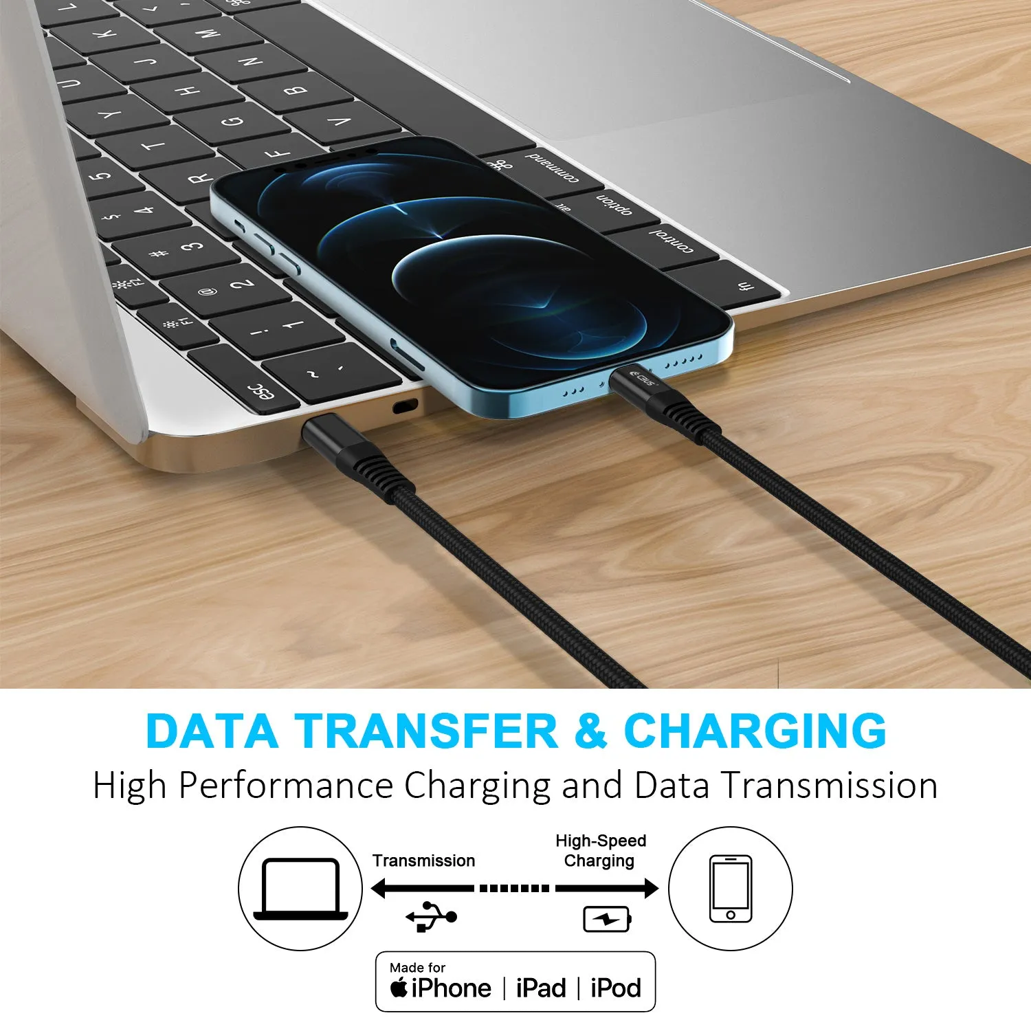 10ft Apple MFi Certified Lightning to USB-C Fast Charging Cable (Black)
