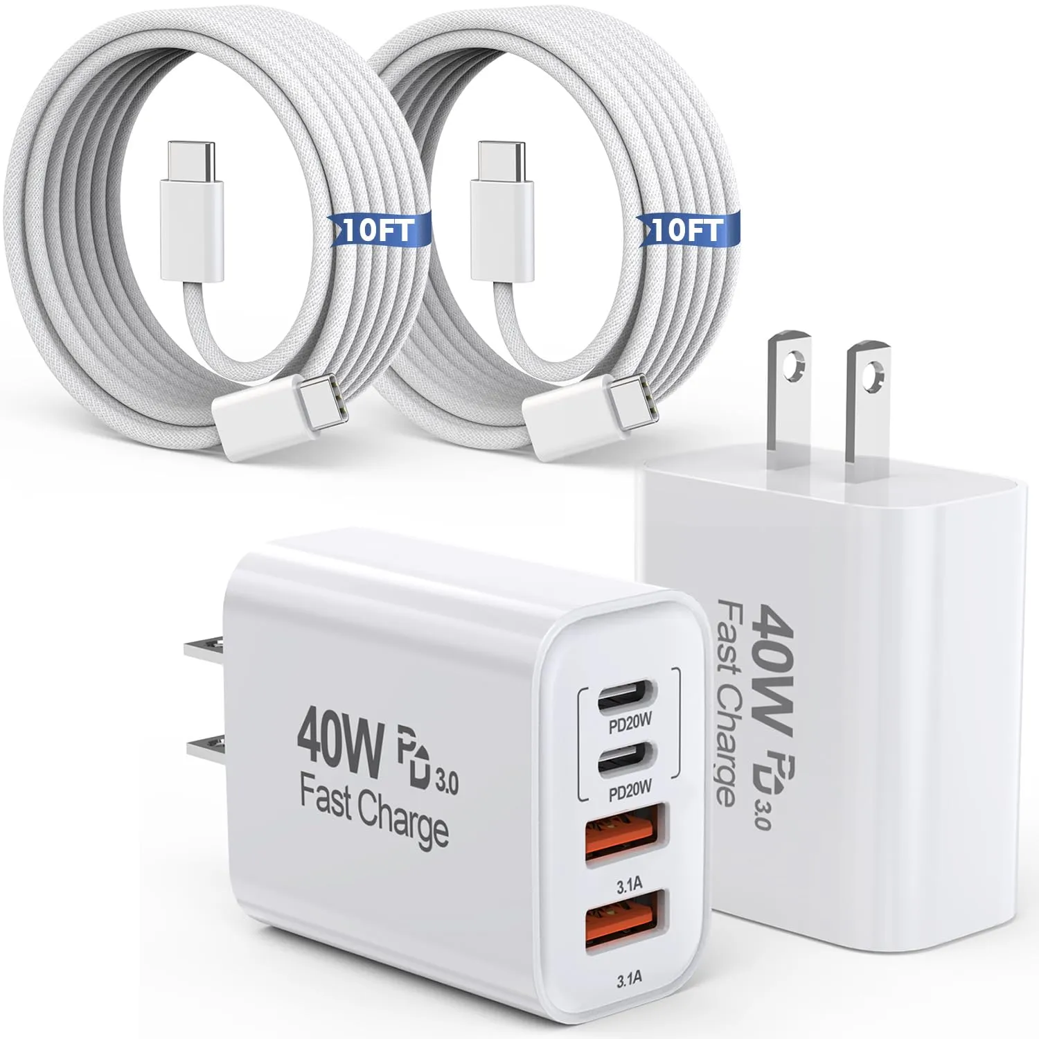 10FT iPhone 16 15 Pro Charger,2Pack 10Foot USB C to C Woven Cable Cord 40W USB C Apple Charger 4 Port PD&AC Charger Block Fast Charging for iPhone 16/16 Pro/16 Pro Max/16 Plus/15/15 Pro/15Pro Max/iPad