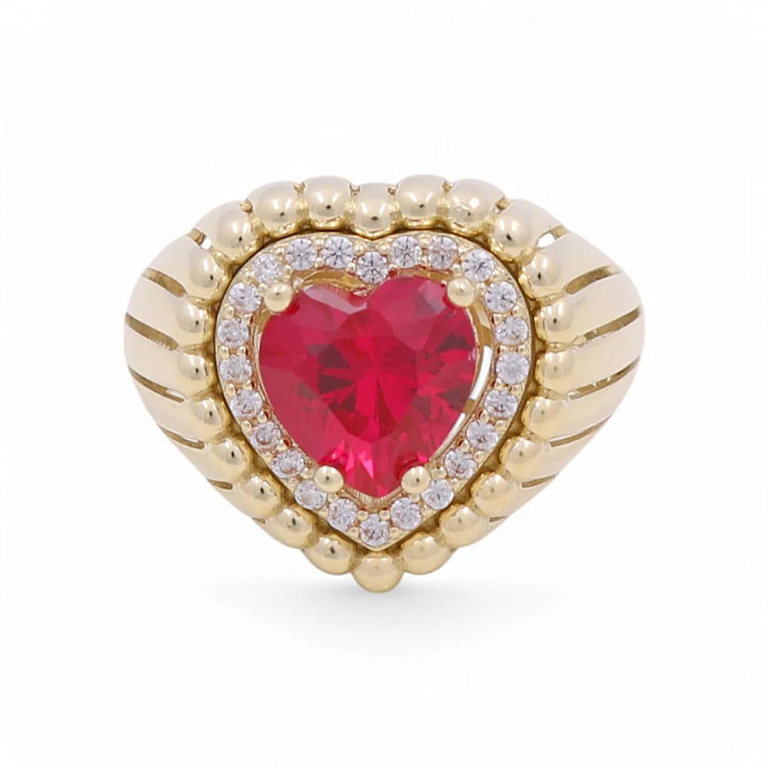 10K Yellow Gold Heart Women's Ring with Red Stone / Size: 7.5 / Weight: 3.9 GR / DPWR0HR-6