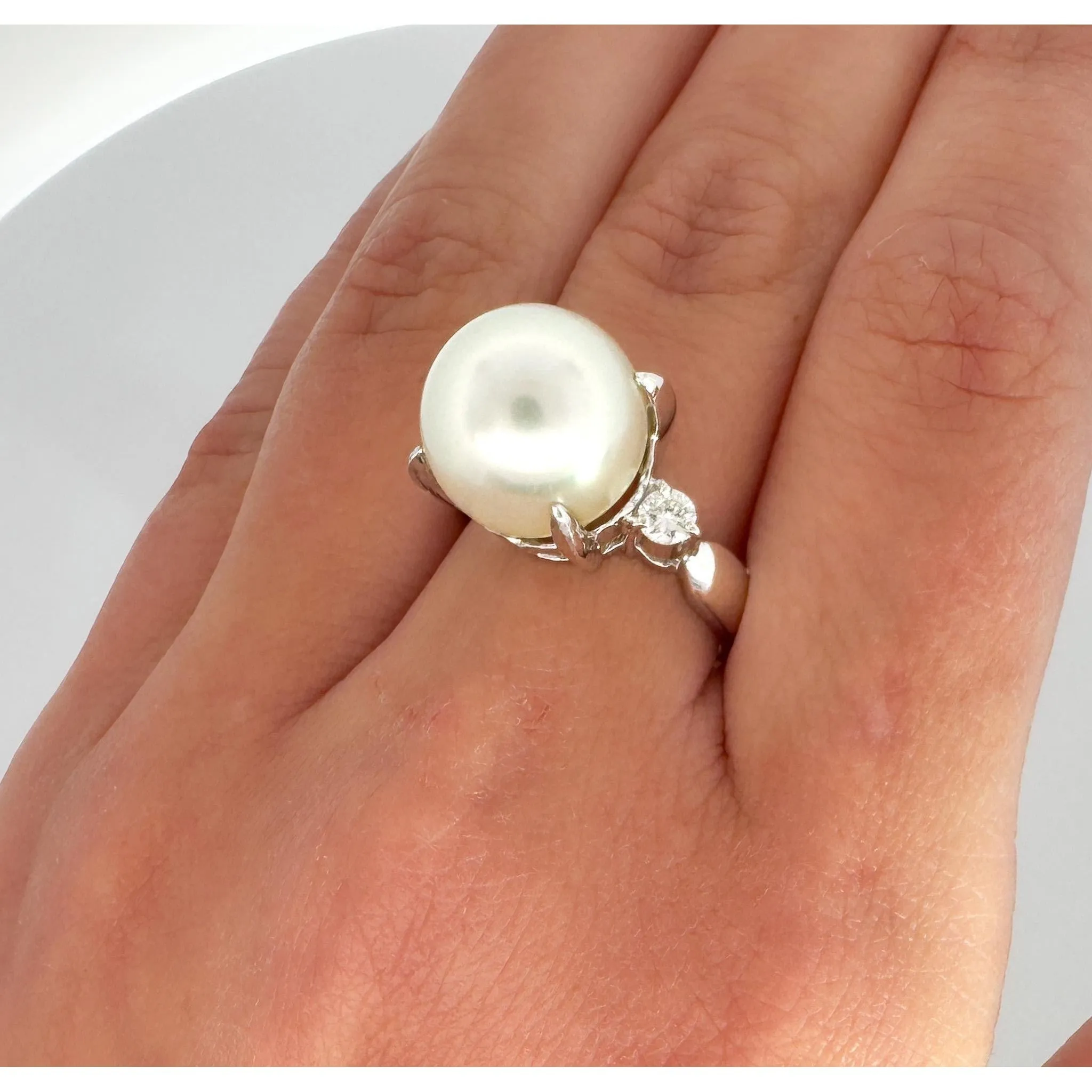 12.5mm South Sea Pearl and Diamond Platinum Three Stone Ring