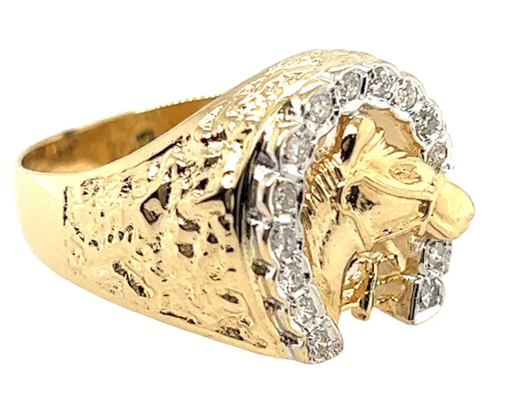 14ct Yellow Gold Diamond set Horseshoe and Horse Head Ring