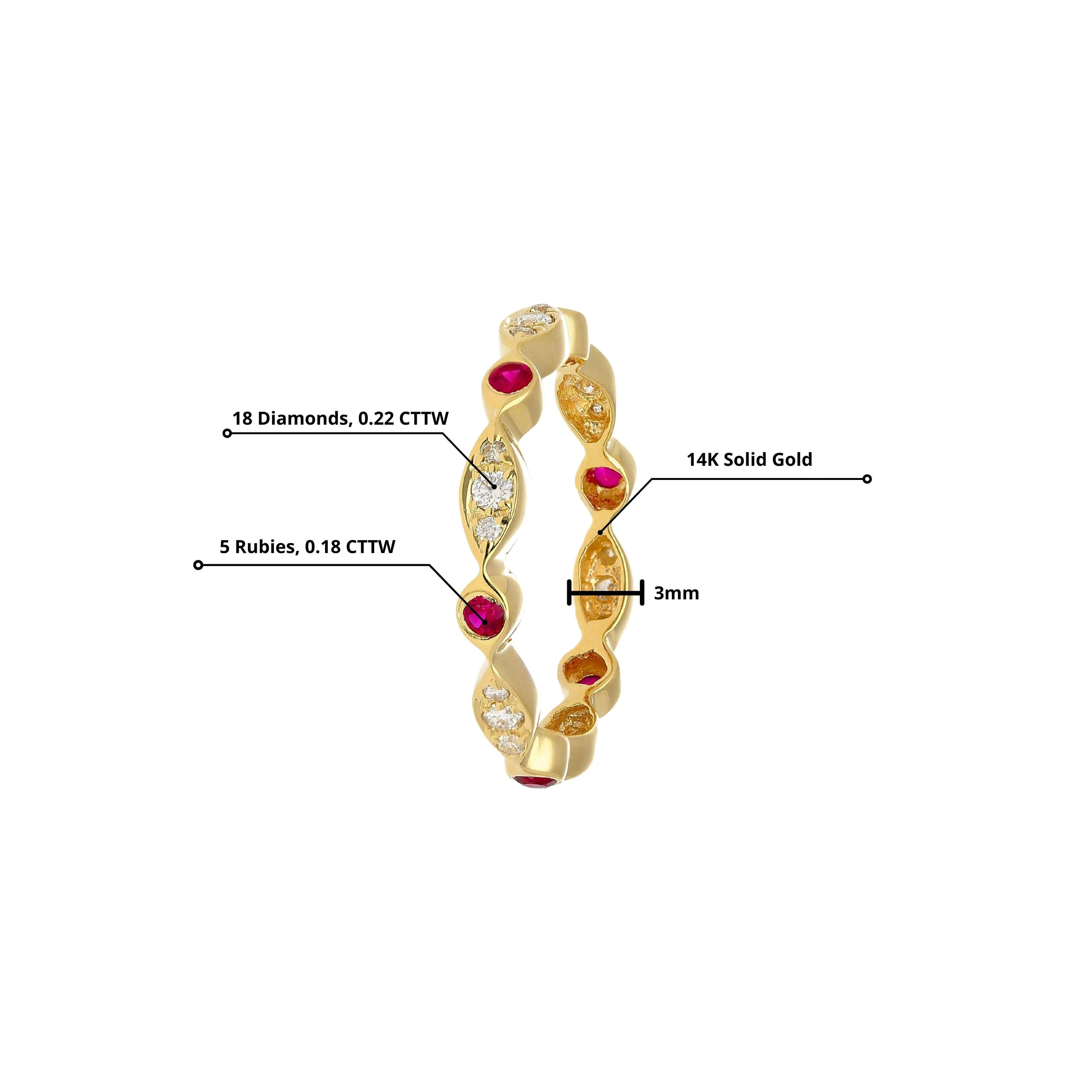 14K Gold Ruby and Diamond Bezel Stack Band 3MM Wavy Ring