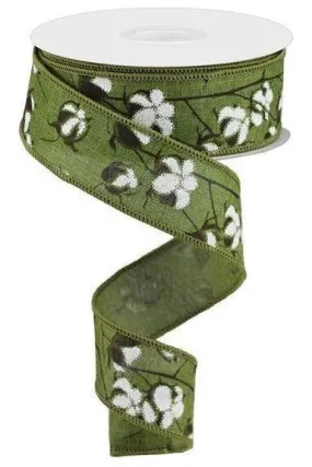 1.5" Cotton Pod Ribbon: Moss Green & White (10 Yards)