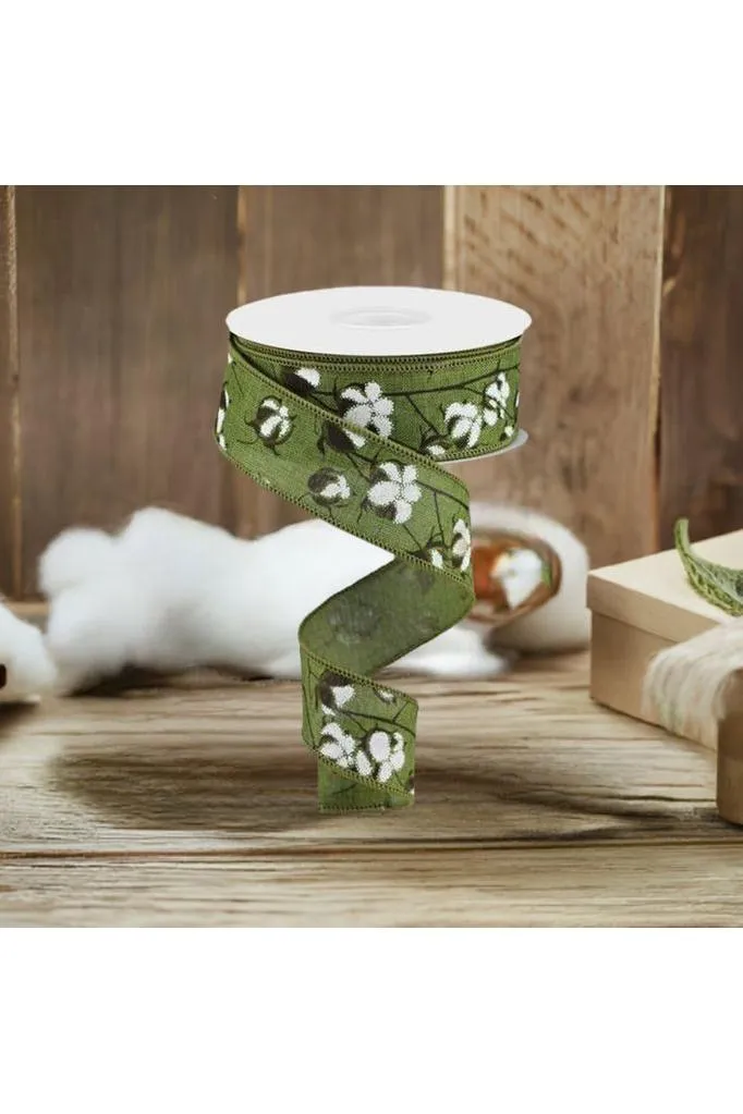 1.5" Cotton Pod Ribbon: Moss Green & White (10 Yards)