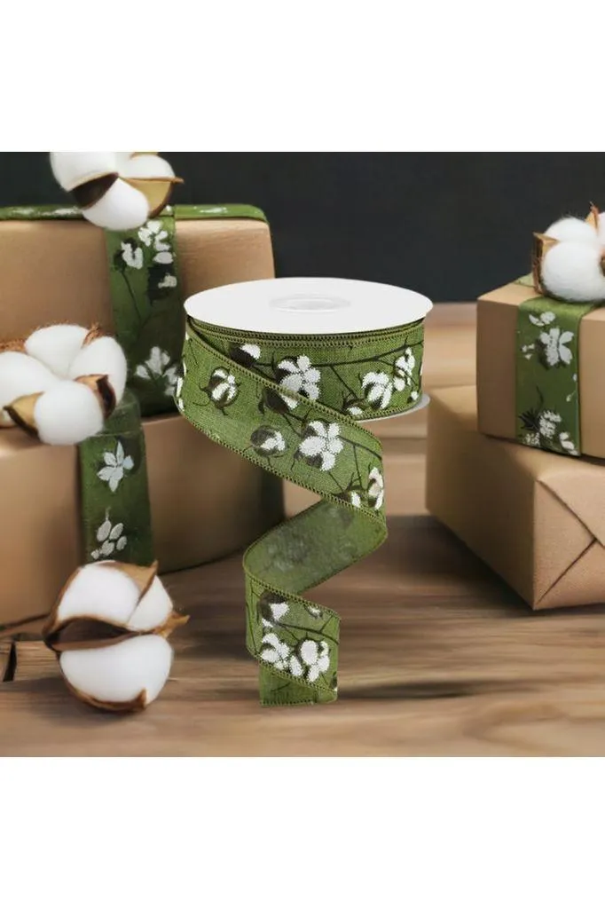 1.5" Cotton Pod Ribbon: Moss Green & White (10 Yards)