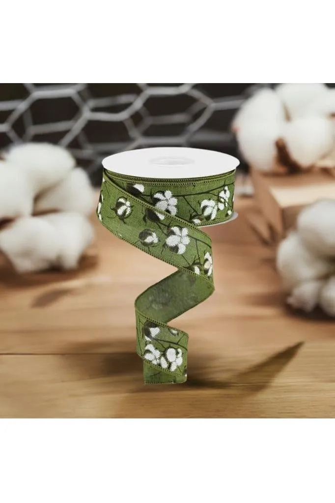 1.5" Cotton Pod Ribbon: Moss Green & White (10 Yards)