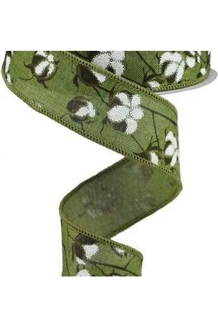 1.5" Cotton Pod Ribbon: Moss Green & White (10 Yards)