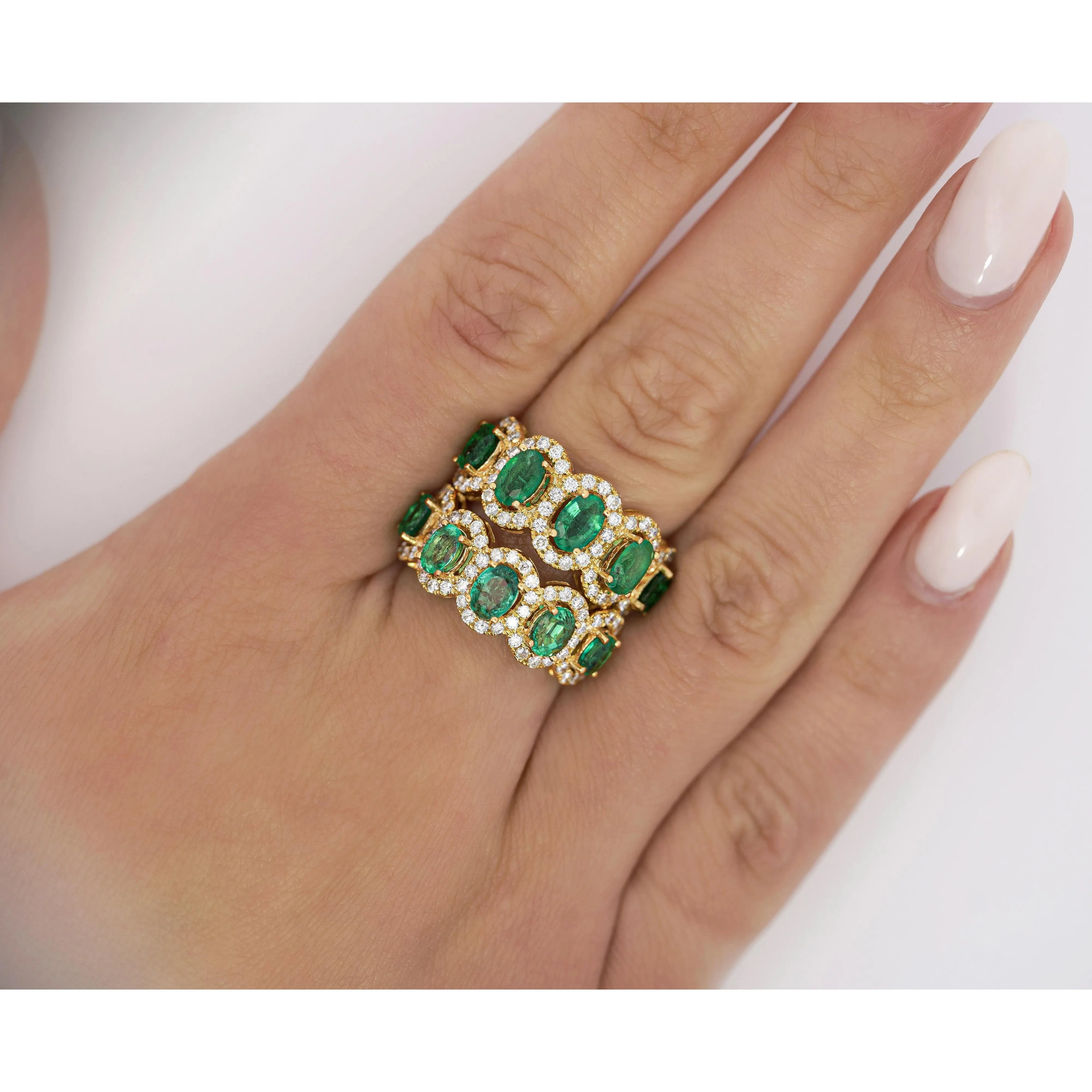 2.11 Carat Oval Cut Emerald and Diamond Wedding Band in 18K Gold