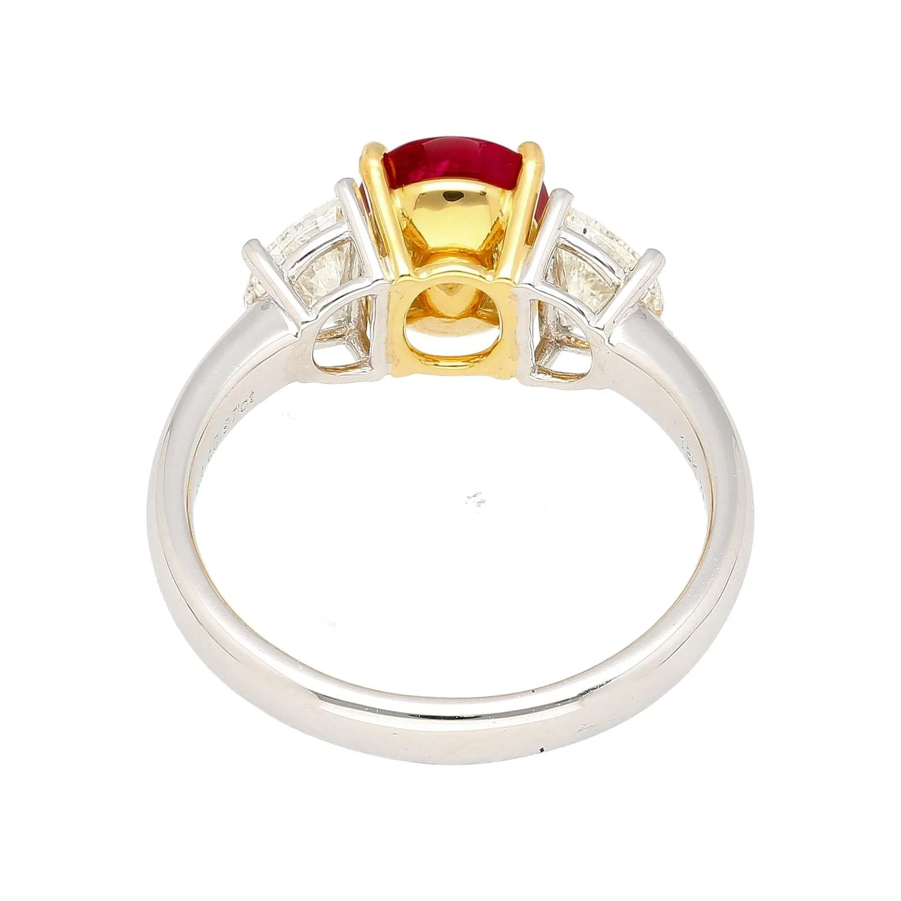 2.19 Carat No Heat Burma Ruby & Trapezoid Diamond 3 Stone Ring