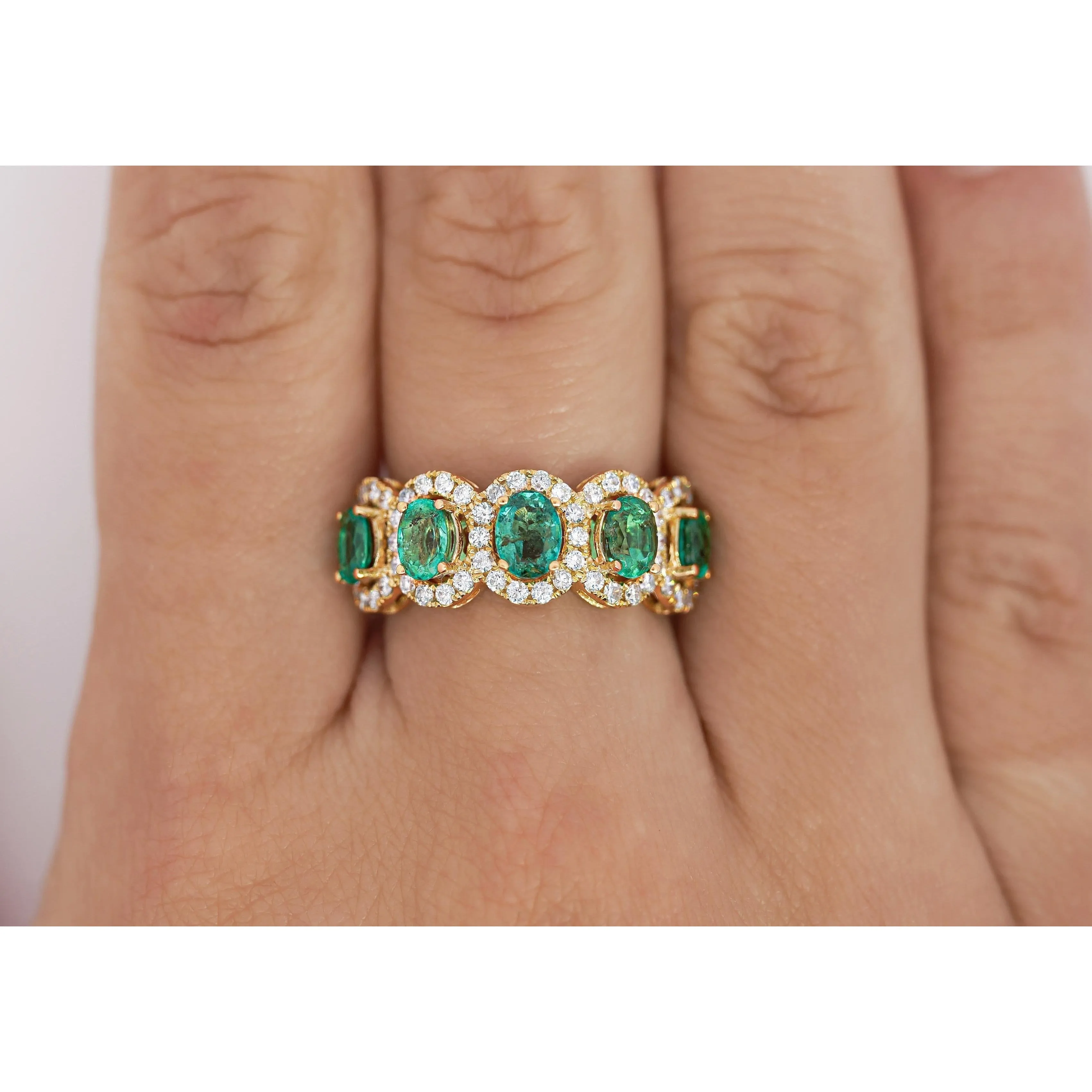 2.29 Carat Oval Cut Emerald and Diamond Wedding Band in 18K Gold