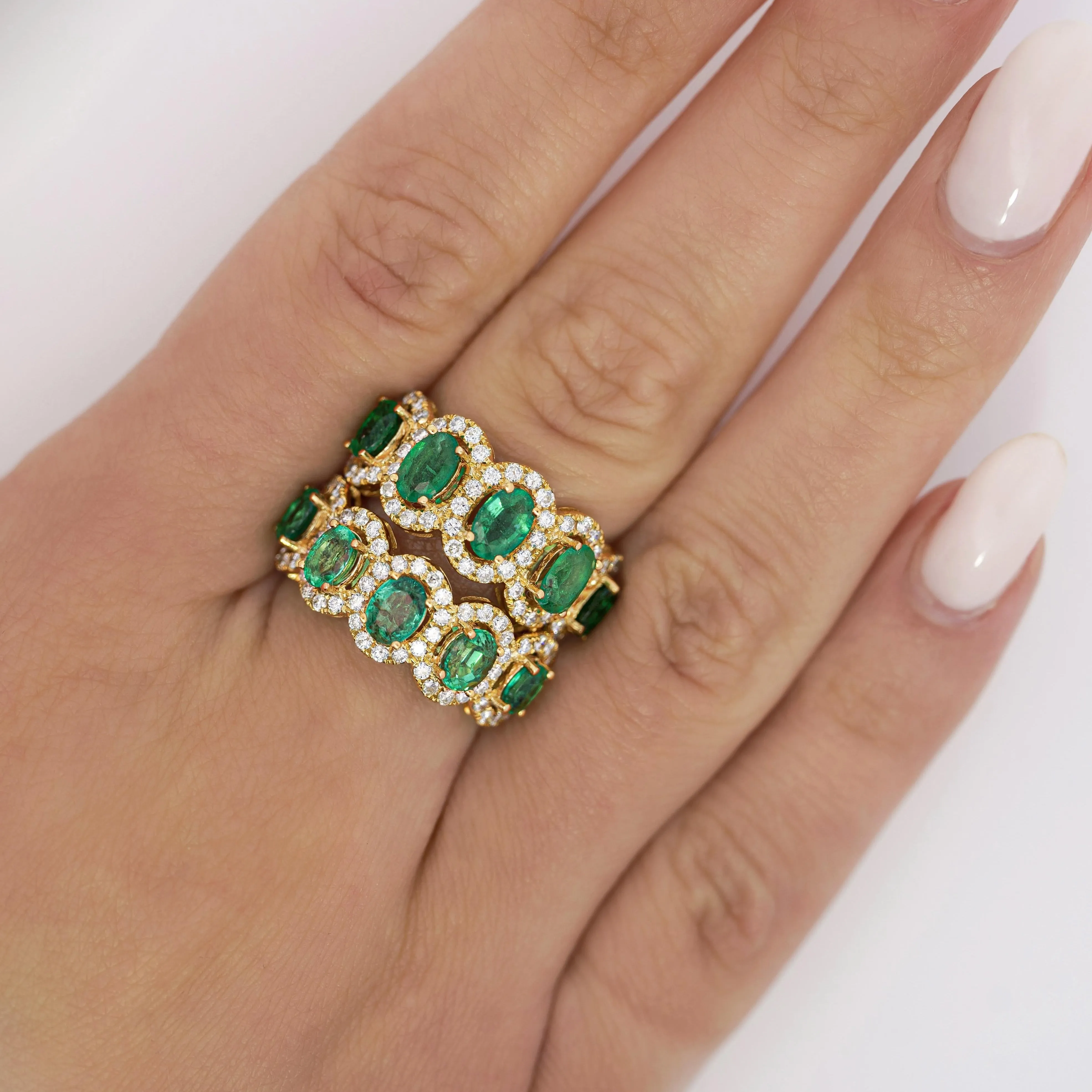 2.29 Carat Oval Cut Emerald and Diamond Wedding Band in 18K Gold