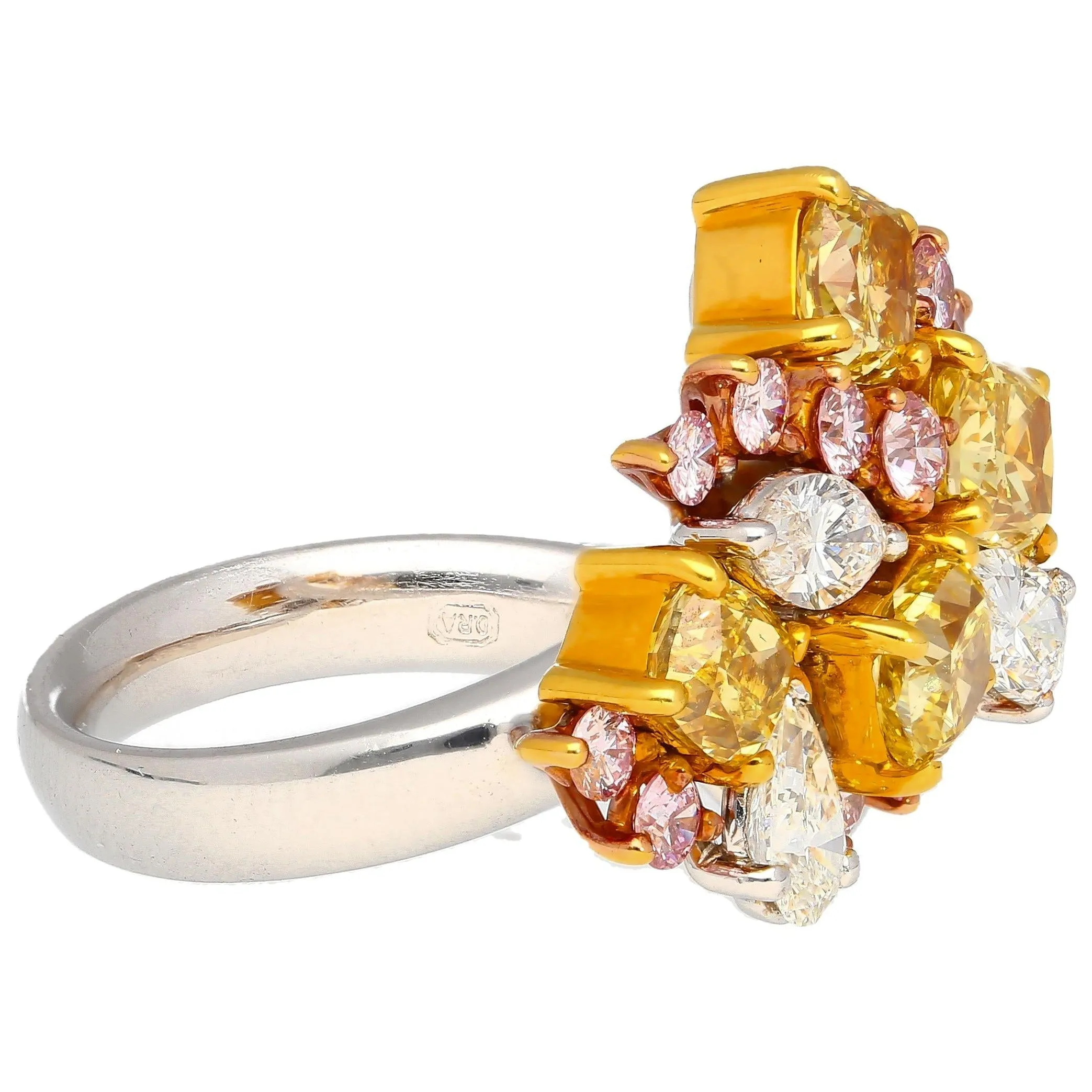 3 Carat Pink, Yellow, White Multi Cut Diamond Cluster Platinum And 18K Gold Ring
