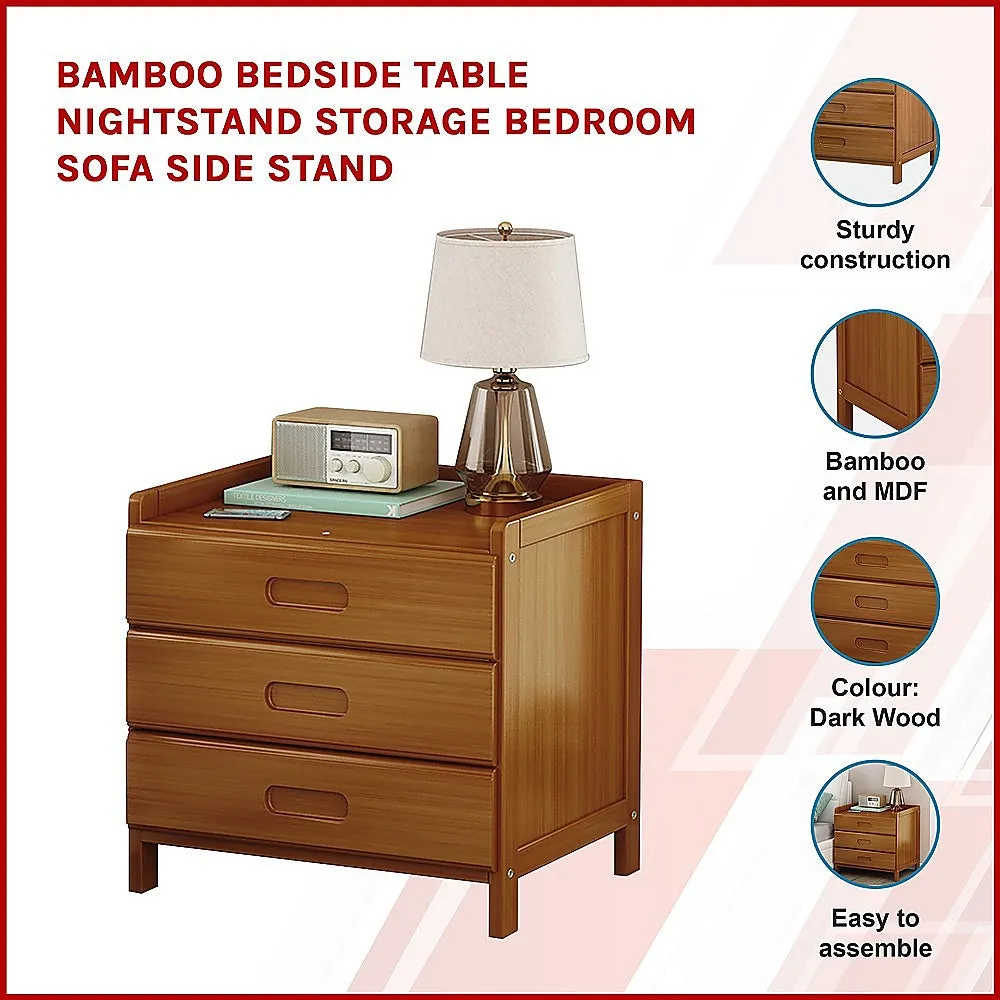 3-Drawer Waterproof Bamboo Bedside Table - Dark Wood