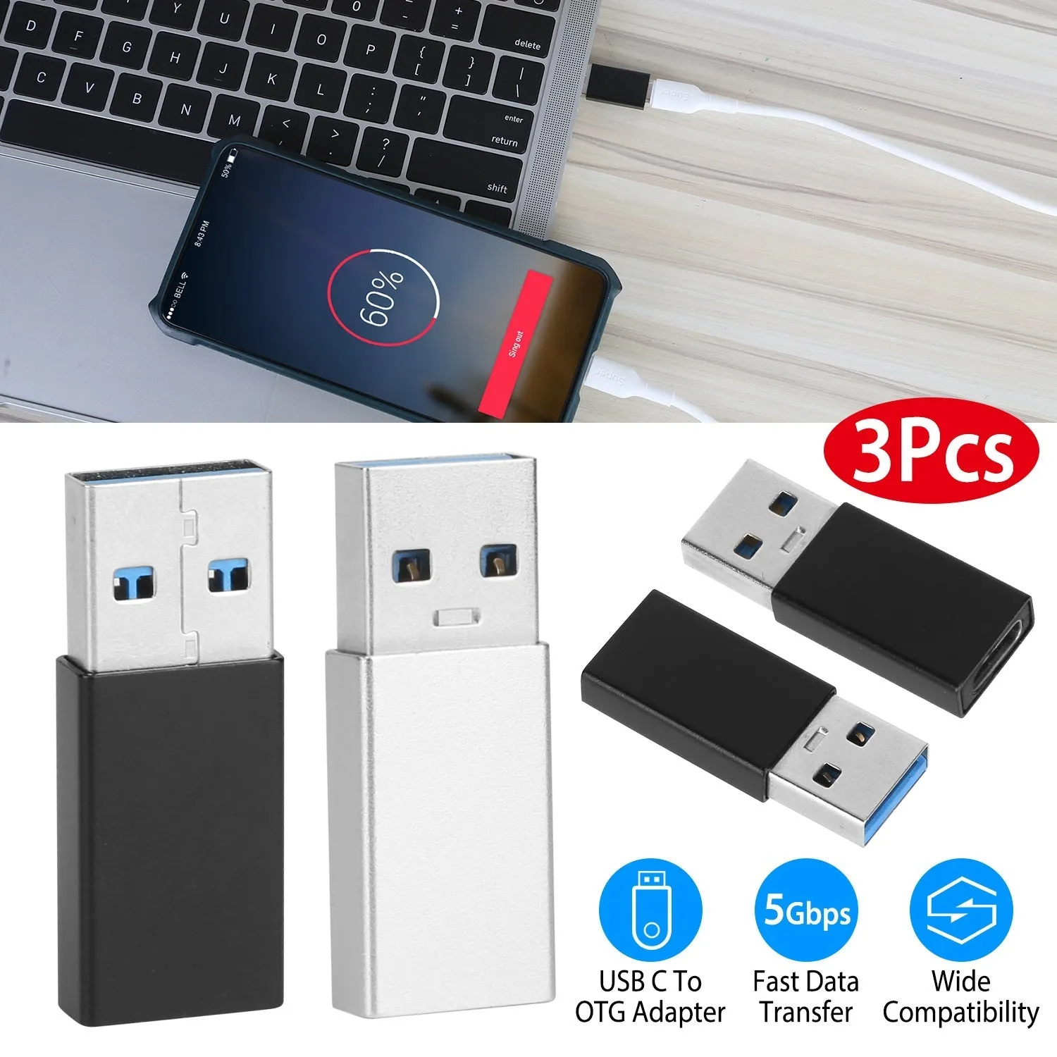 3-Packs: USB Type-C Male to USB A 3.0 OTG Male Port Converter