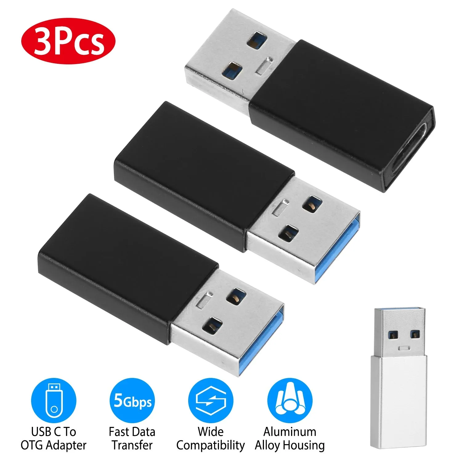 3-Packs: USB Type-C Male to USB A 3.0 OTG Male Port Converter