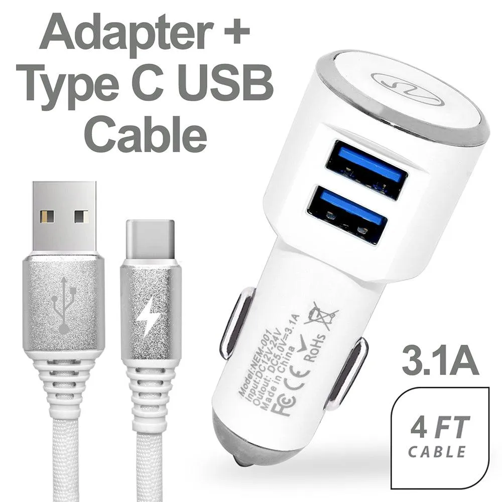 3.1A 2-in-1 Universal Dual USB Port Travel Car Charger With Type C USB Cable by Modes