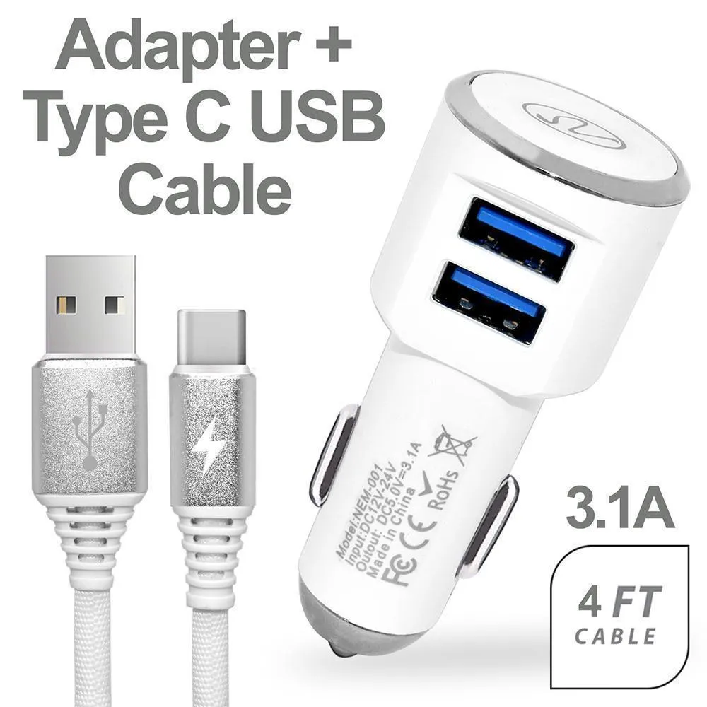 3.1A 2-in-1 Universal Dual USB Port Travel Car Charger With Type C USB Cable by Modes