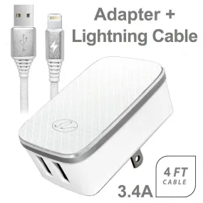 3.4A 2-in-1 Universal Dual USB Port Travel Wall Charger Adapter With iPhone USB Cable White by Modes