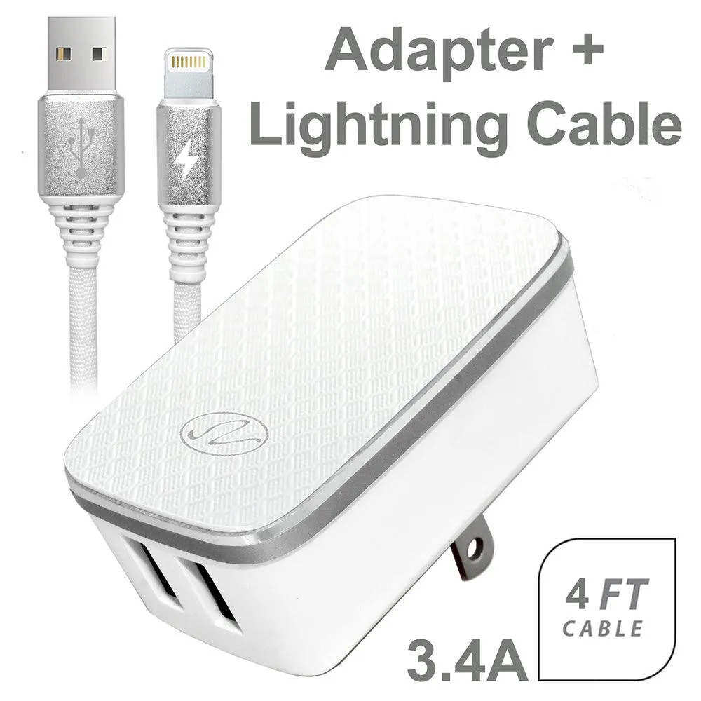 3.4A 2-in-1 Universal Dual USB Port Travel Wall Charger Adapter With iPhone USB Cable White by Modes
