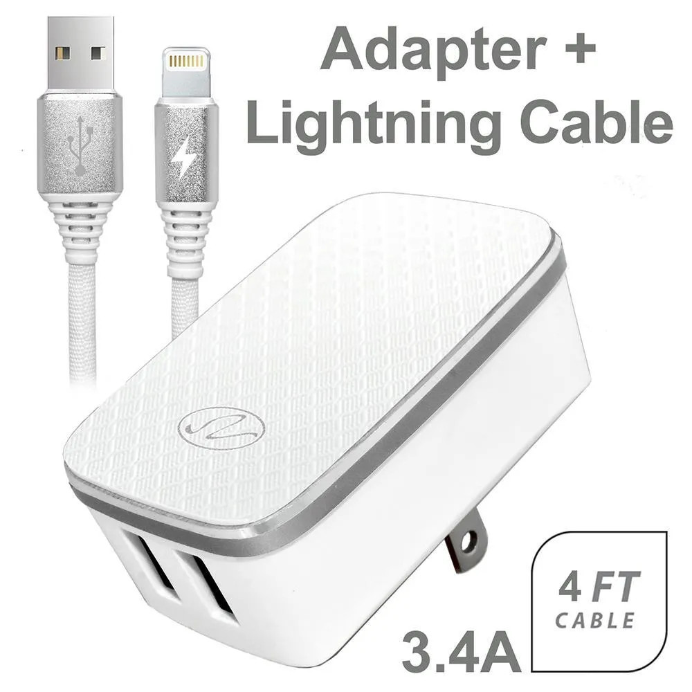 3.4A 2-in-1 Universal Dual USB Port Travel Wall Charger Adapter With iPhone USB Cable White by Modes