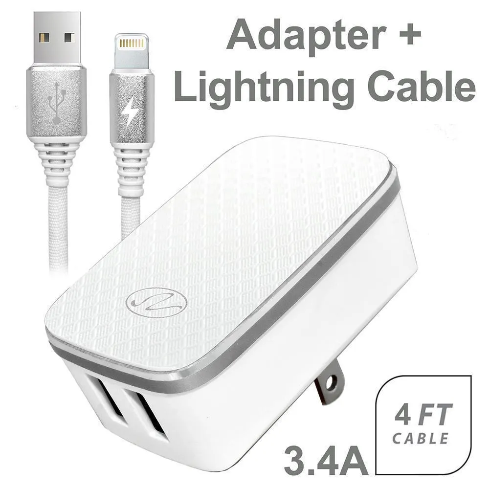 3.4A 2-in-1 Universal Dual USB Port Travel Wall Charger Adapter With iPhone USB Cable White by Modes