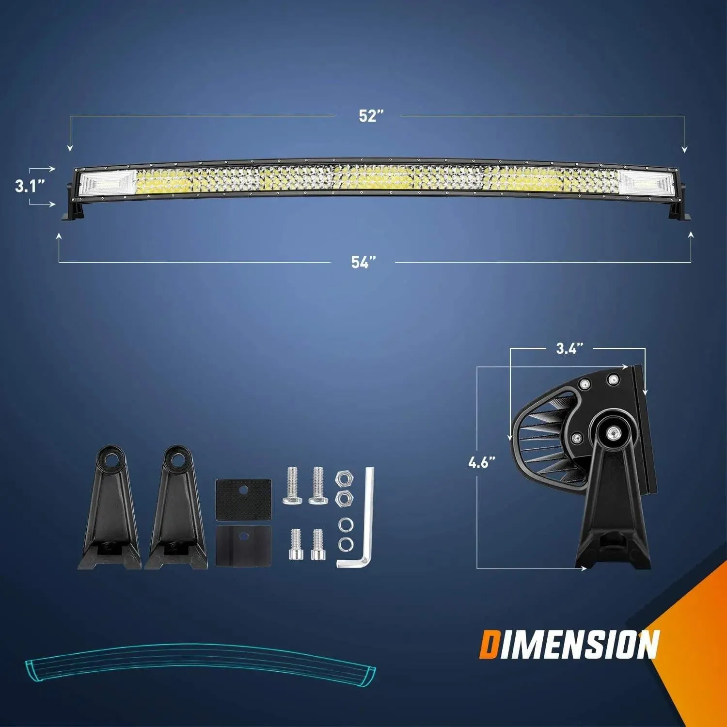 52 Inch 783W 78000LM Triple Row Curved Spot Flood LED Light Bar