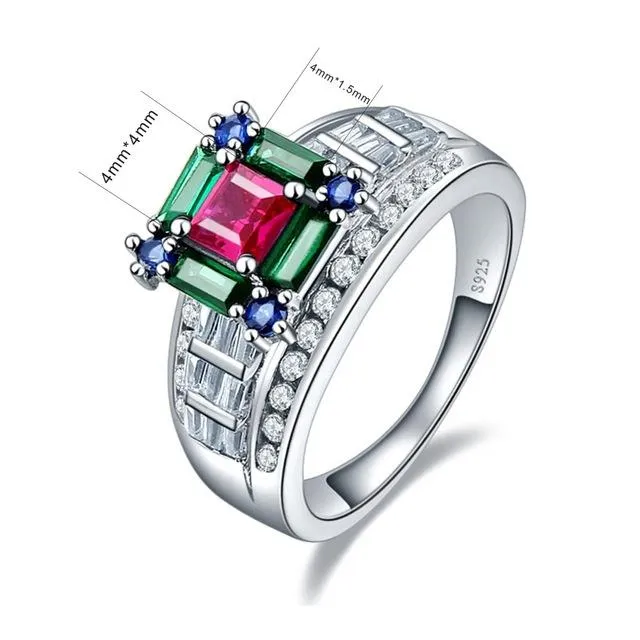 5.73ct Ruby Emerald Sapphire 925 Sterling Silver Wedding Ring