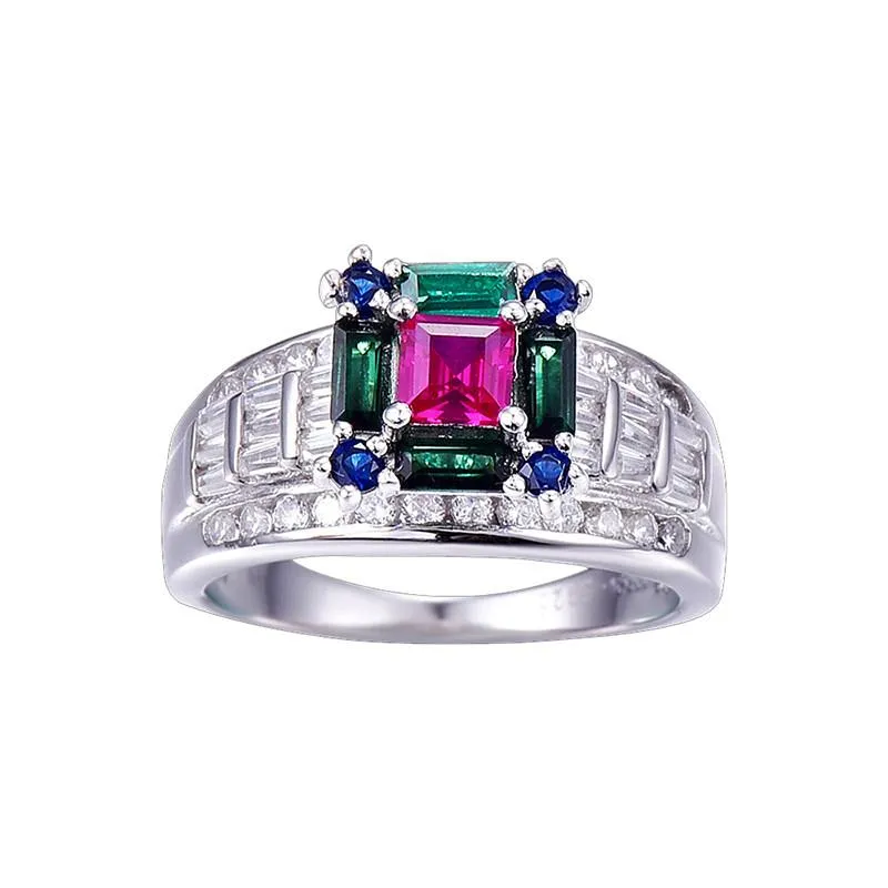 5.73ct Ruby Emerald Sapphire 925 Sterling Silver Wedding Ring