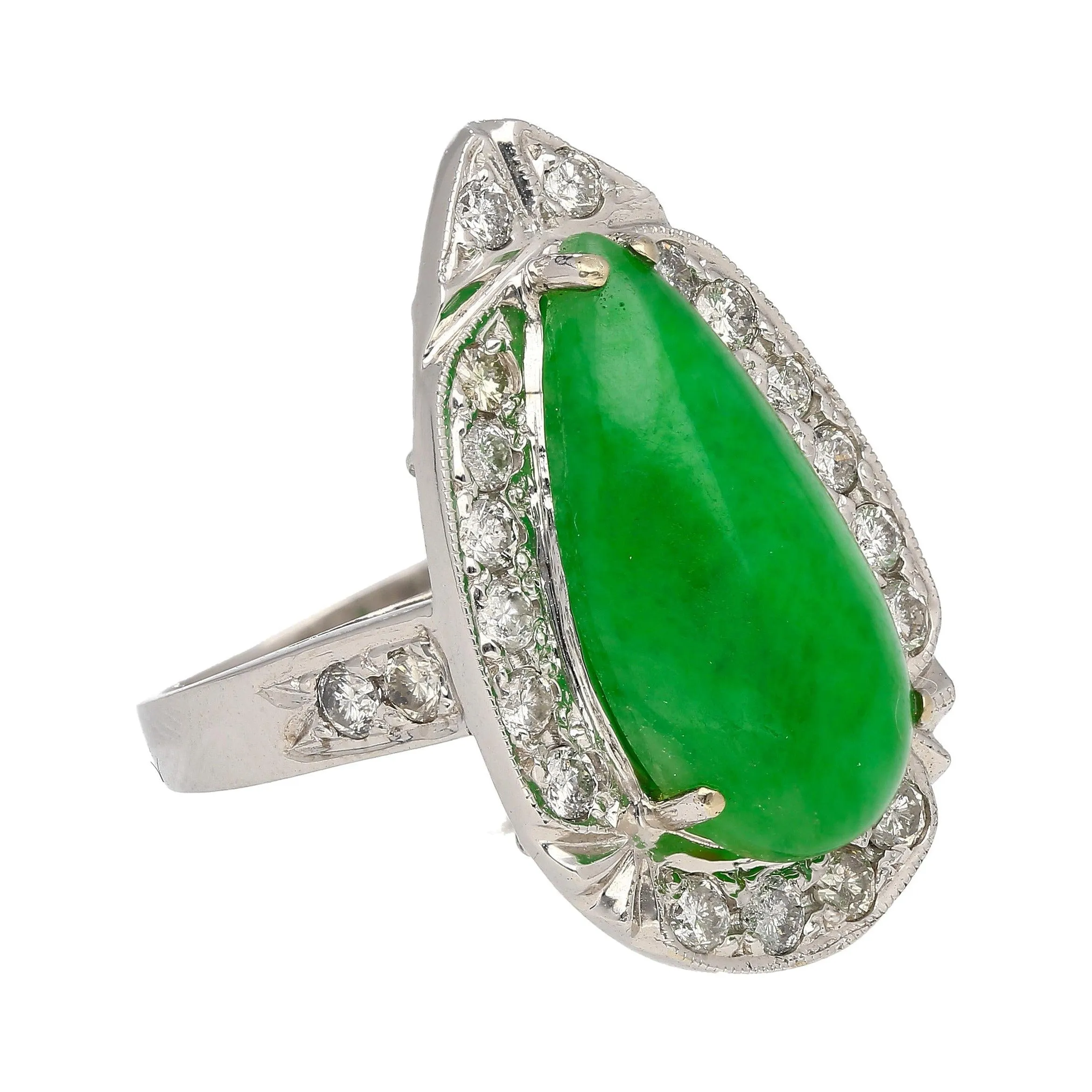 7.88 Carat Jade and Diamond Halo Ring in 18k White Gold