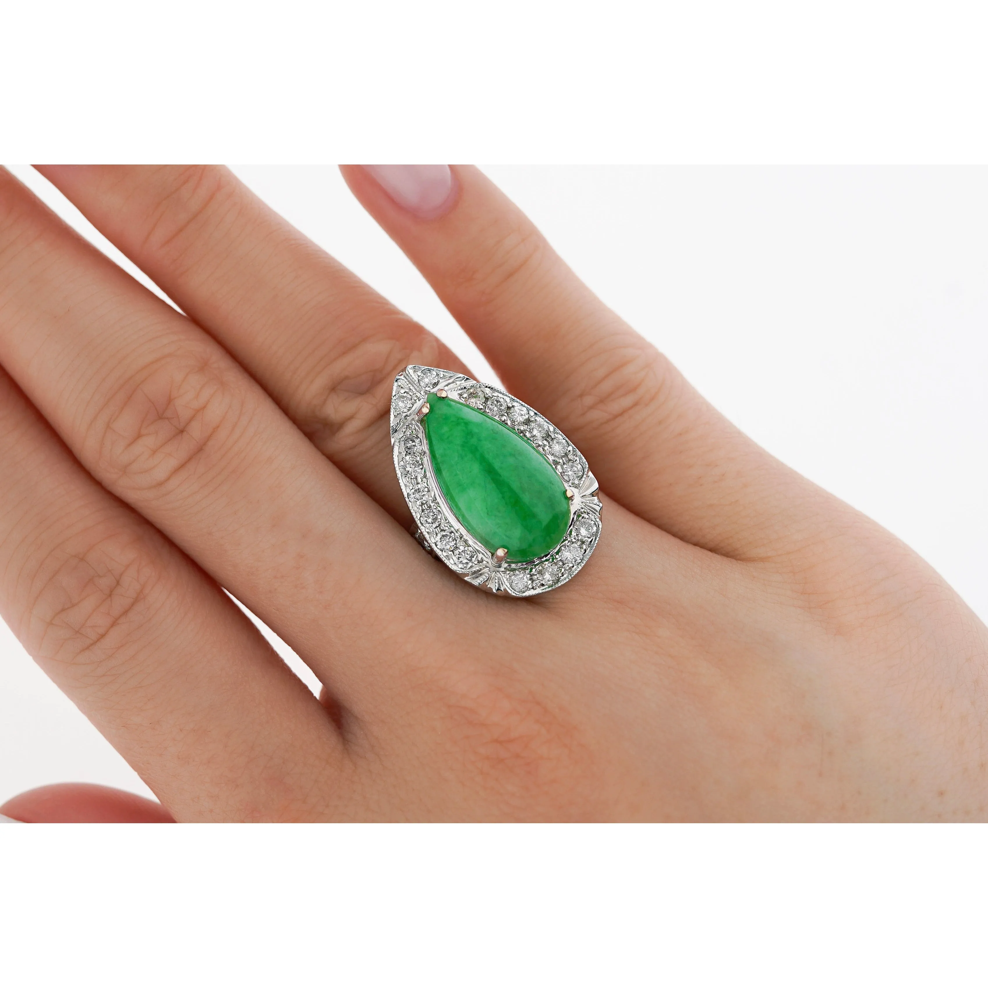 7.88 Carat Jade and Diamond Halo Ring in 18k White Gold