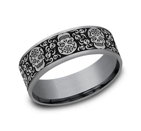 8mm Tantalum Intricate Sugar Skull Lasered Men's Rings