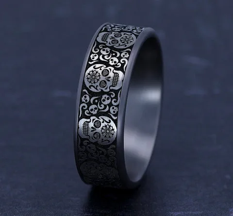 8mm Tantalum Intricate Sugar Skull Lasered Men's Rings