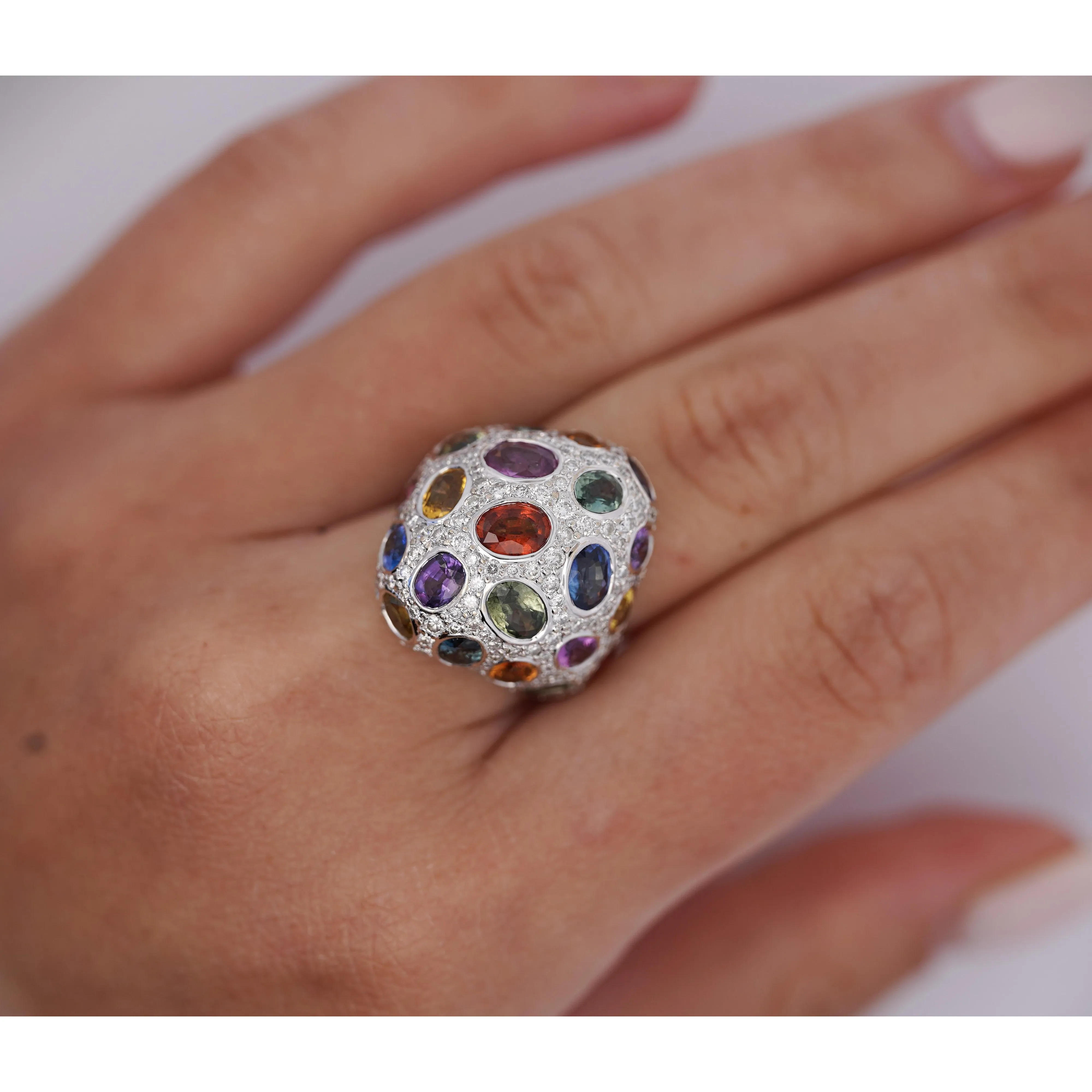 9.31 CTTW Mixed Color Sapphire, Amethyst, Garnet, Diamond Cluster Ring