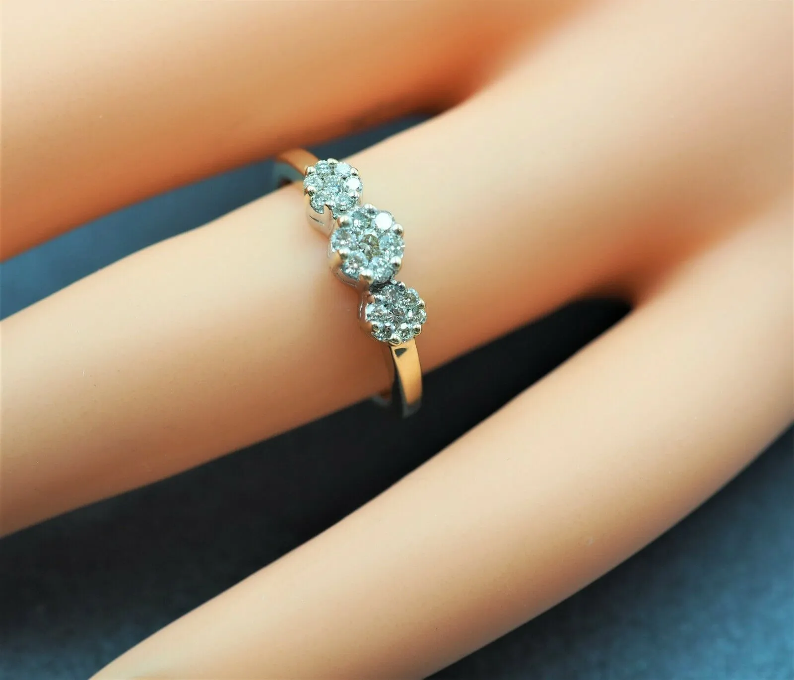 9ct Yellow Gold Rhodium Plated Diamond Triple Cluster Ring