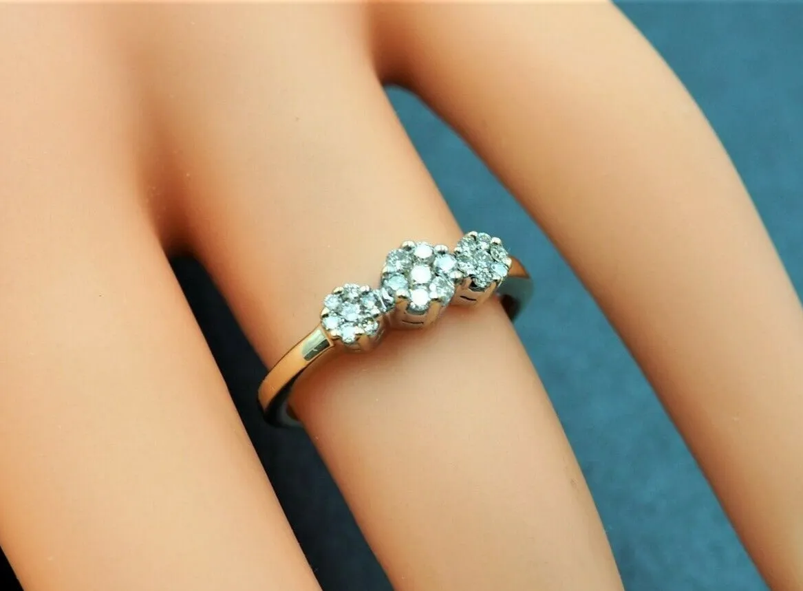 9ct Yellow Gold Rhodium Plated Diamond Triple Cluster Ring