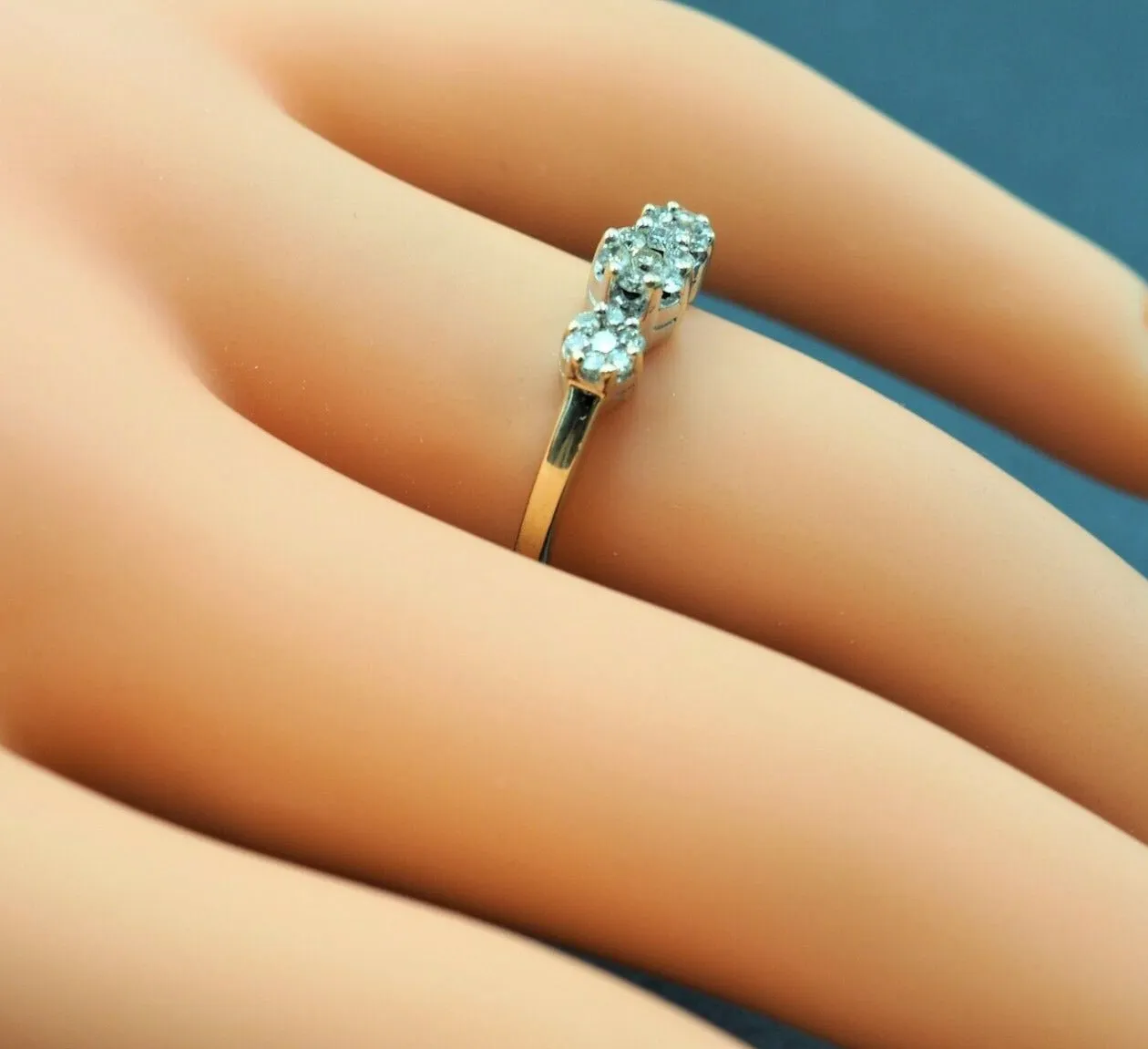 9ct Yellow Gold Rhodium Plated Diamond Triple Cluster Ring