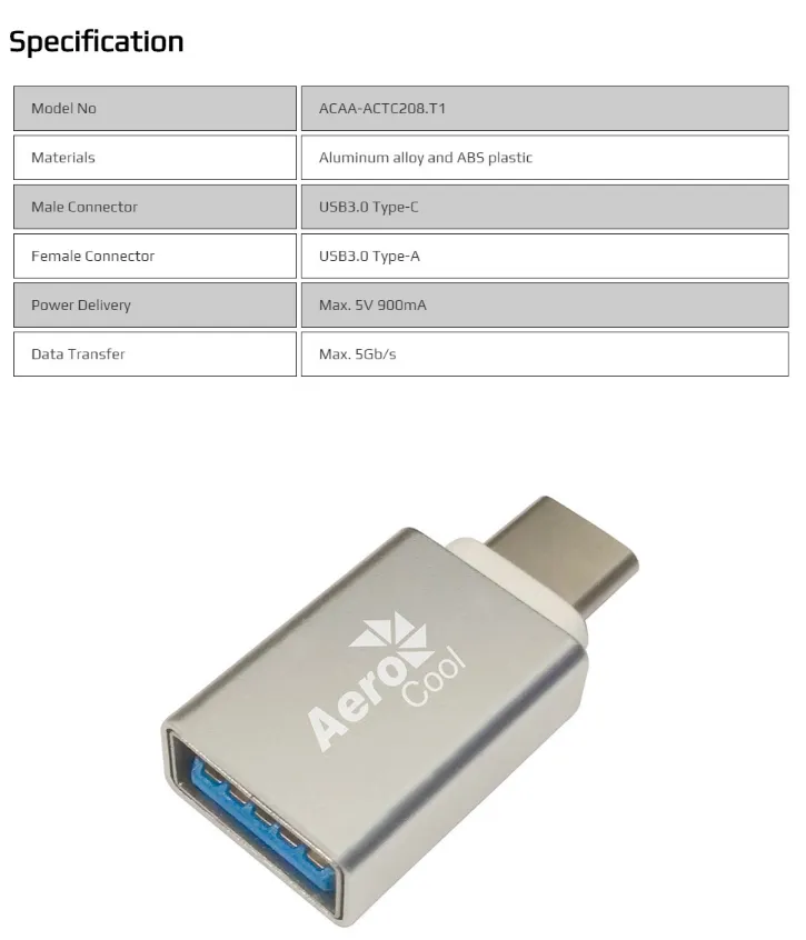 AeroCool Slimline USB Type-C TO USB 3.0 Adapter