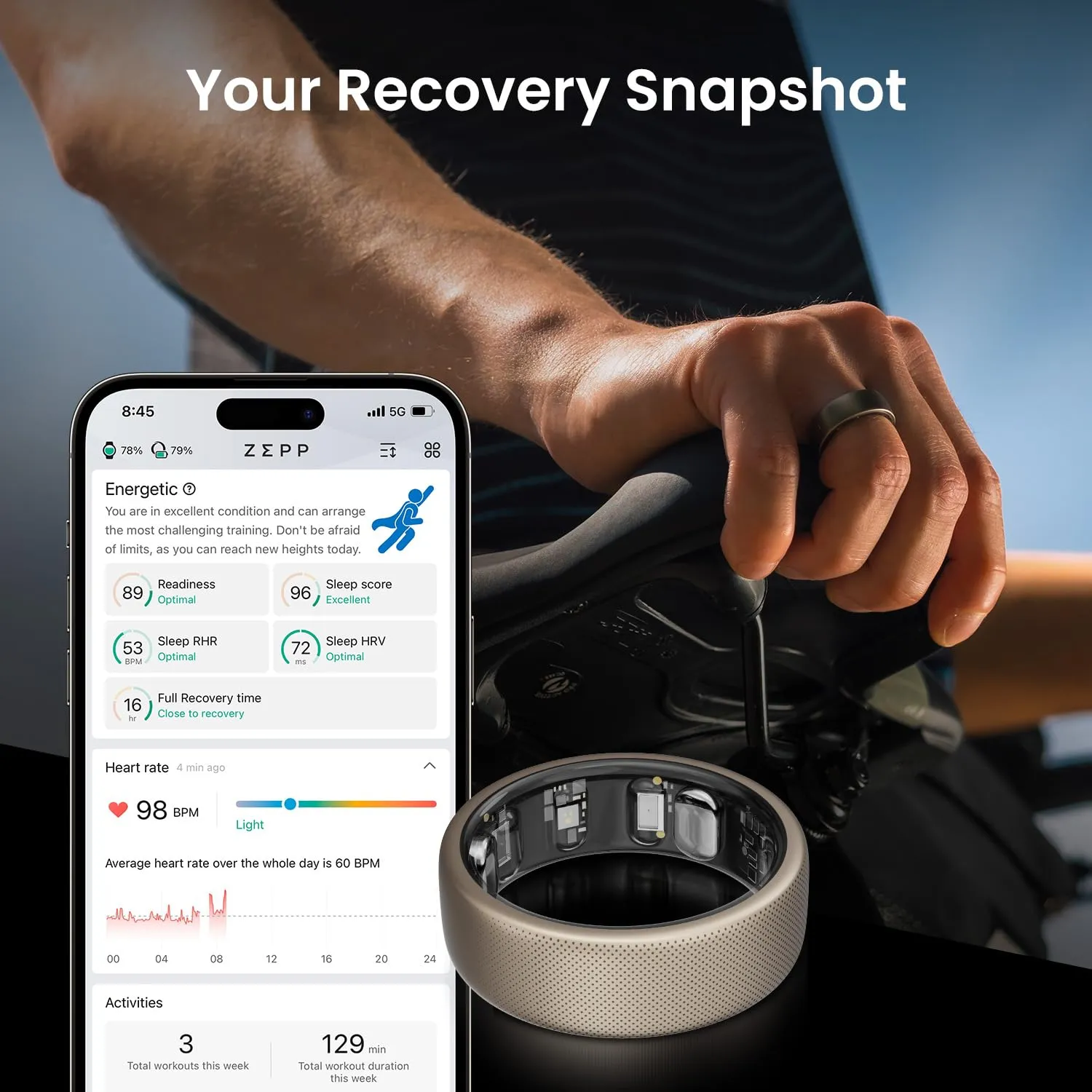 Amazfit Helio Smart Ring, Wearable Fitness Tracker, Sleep Heart Rate Health Monitor, No App Subscription, 4 Days Battery Life, Fast Wireless Charging, 10 ATM Water-Resistance (Size 12)