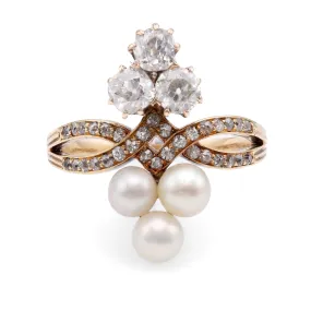 Antique Diamond Pearl 14K Yellow Gold Ring
