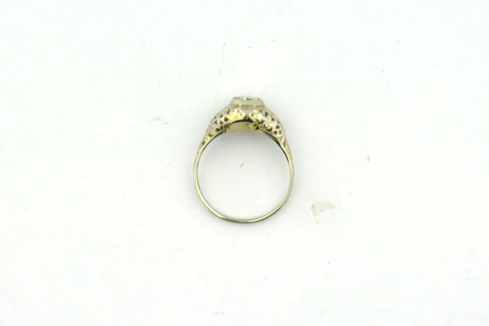 Antique Edwardian Era Old European Cut Diamond 14KW Gold Filigree Ring .33ct