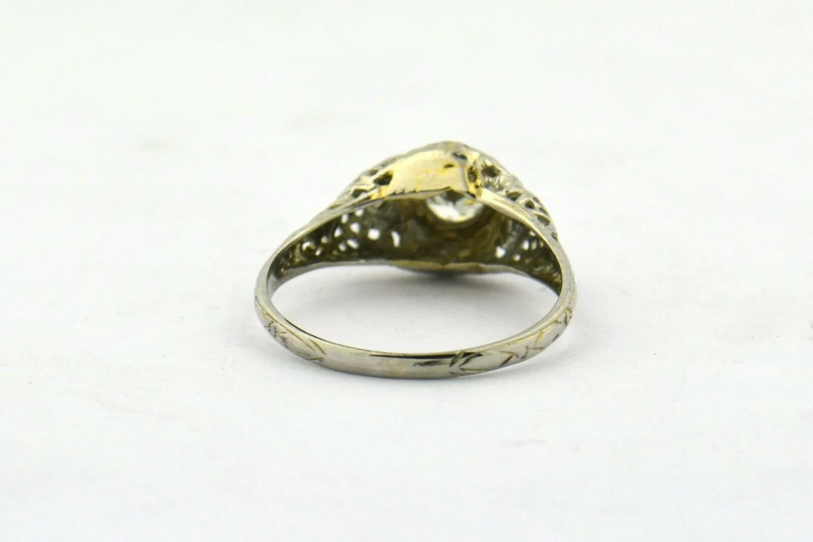 Antique Edwardian Era Old European Cut Diamond 14KW Gold Filigree Ring .33ct