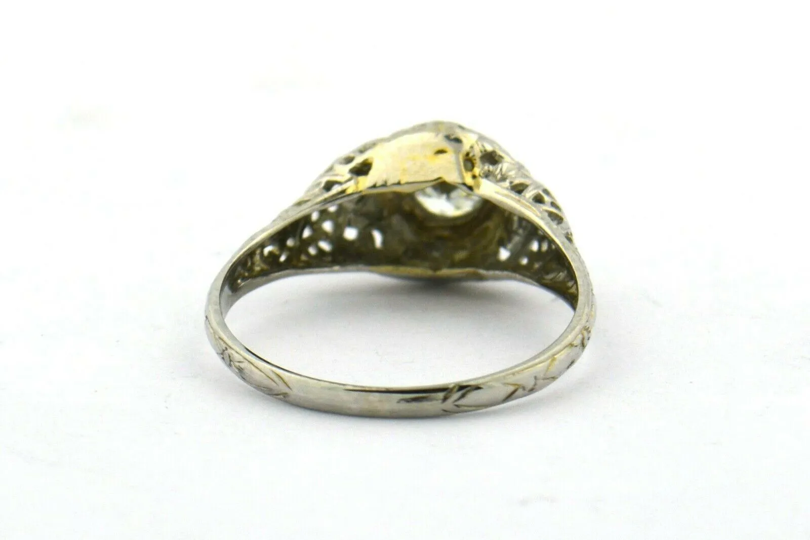 Antique Edwardian Era Old European Cut Diamond 14KW Gold Filigree Ring .33ct