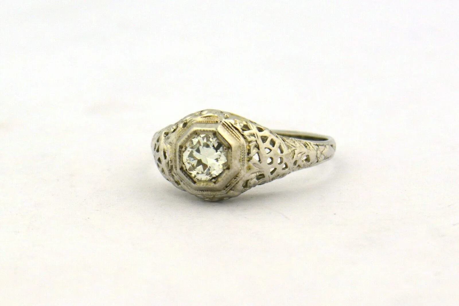Antique Edwardian Era Old European Cut Diamond 14KW Gold Filigree Ring .33ct