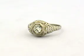 Antique Edwardian Era Old European Cut Diamond 14KW Gold Filigree Ring .33ct