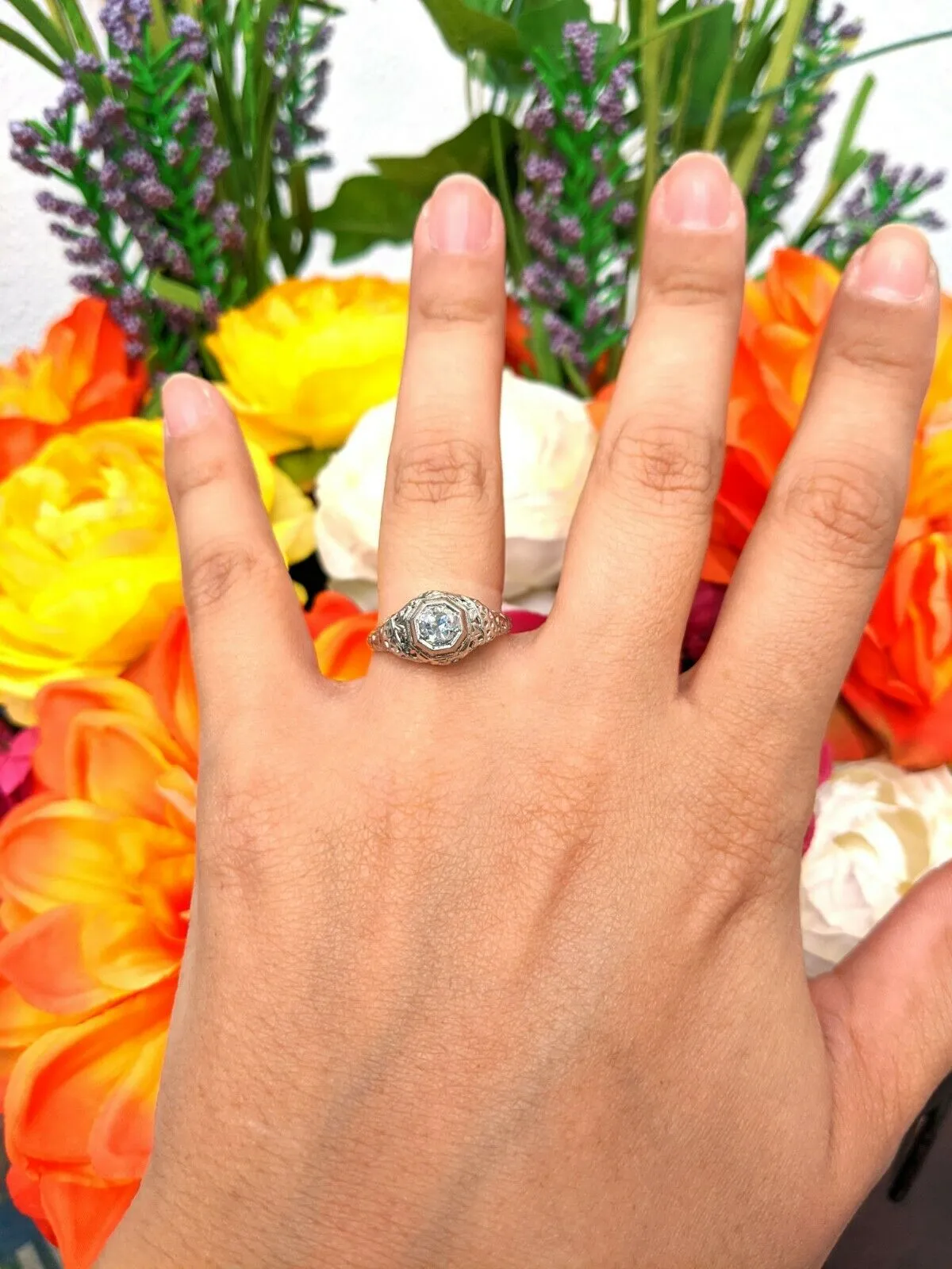 Antique Edwardian Era Old European Cut Diamond 14KW Gold Filigree Ring .33ct