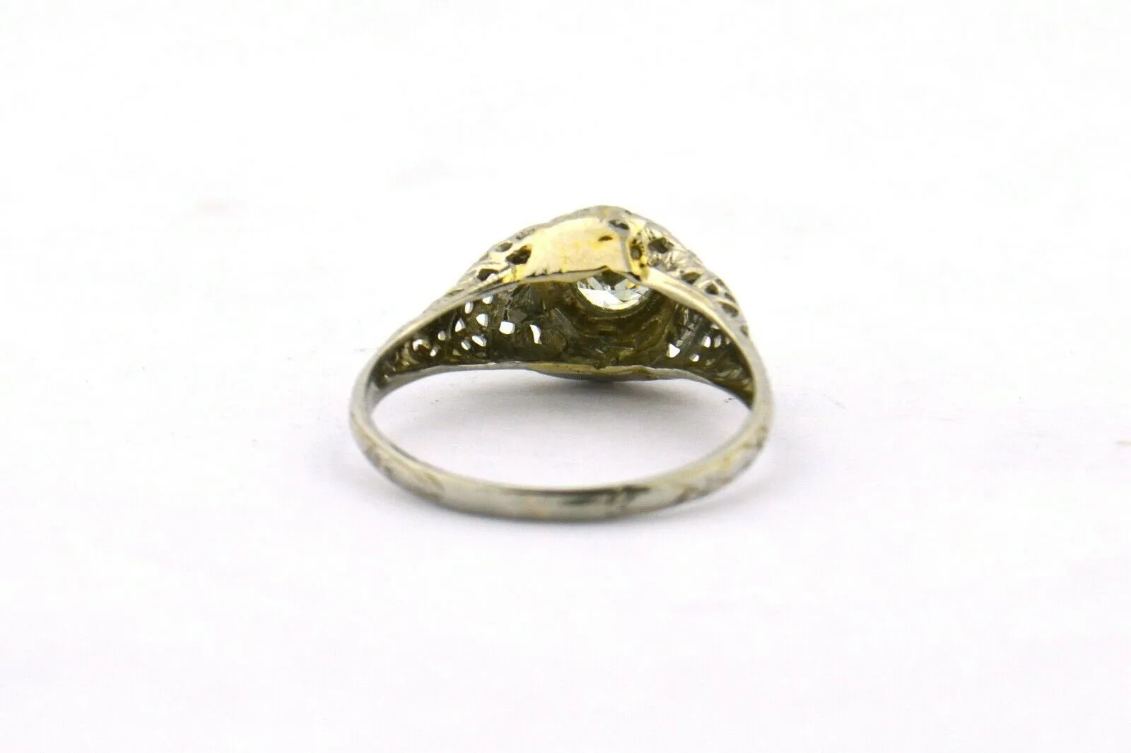 Antique Edwardian Era Old European Cut Diamond 14KW Gold Filigree Ring .33ct