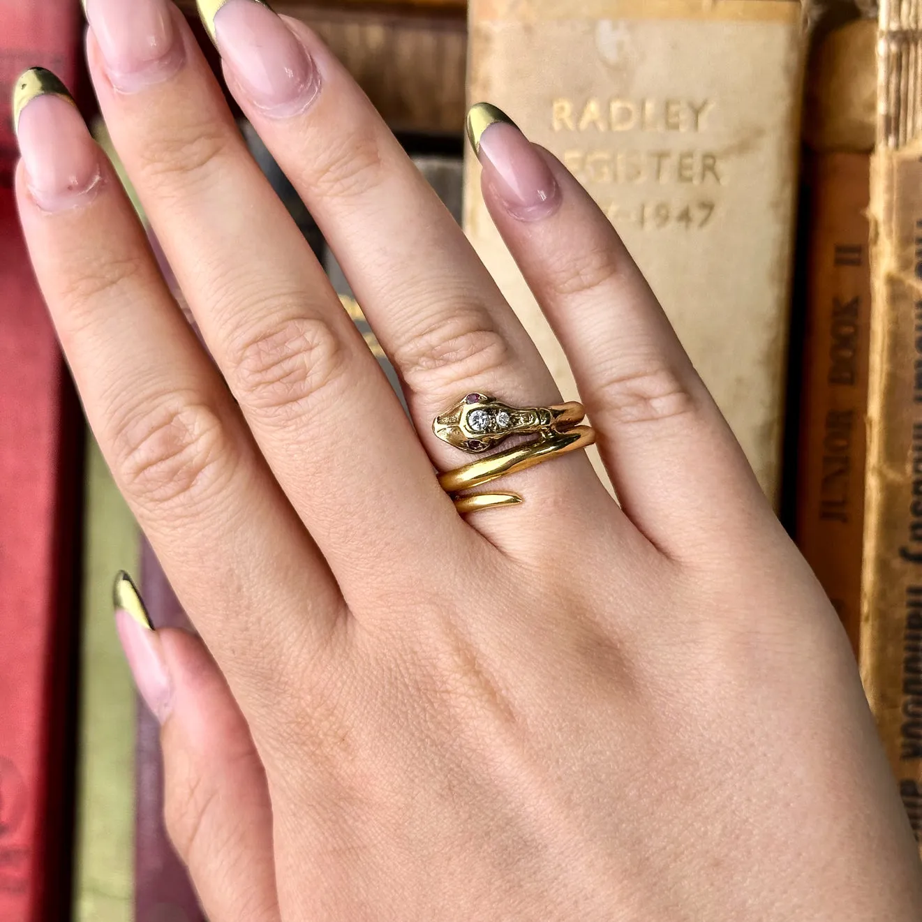 Antique Edwardian French Diamond Snake Ring With Ruby Eyes