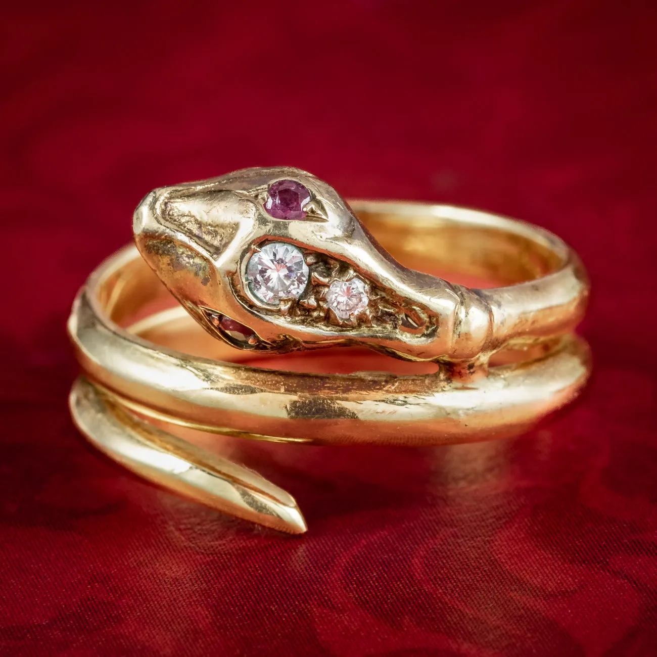 Antique Edwardian French Diamond Snake Ring With Ruby Eyes