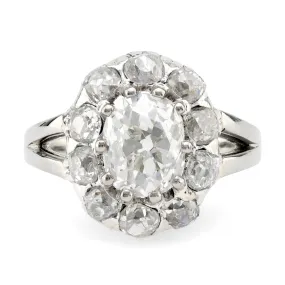 Antique GIA 2.60 Carat Old Mine Diamond 14K White Gold Cluster Ring