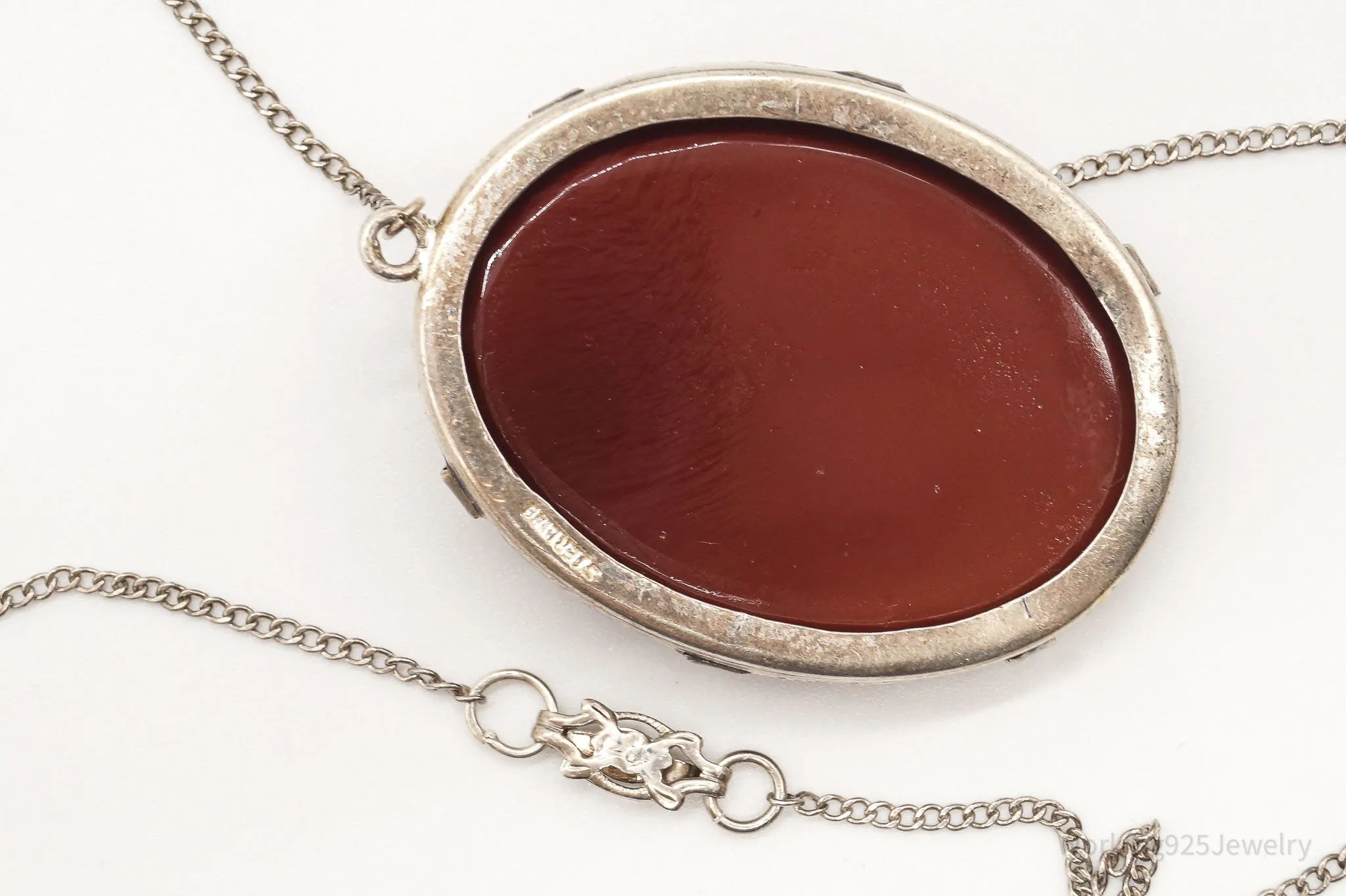 Antique Large Carved Stone Lady Cameo Sterling Silver Necklace